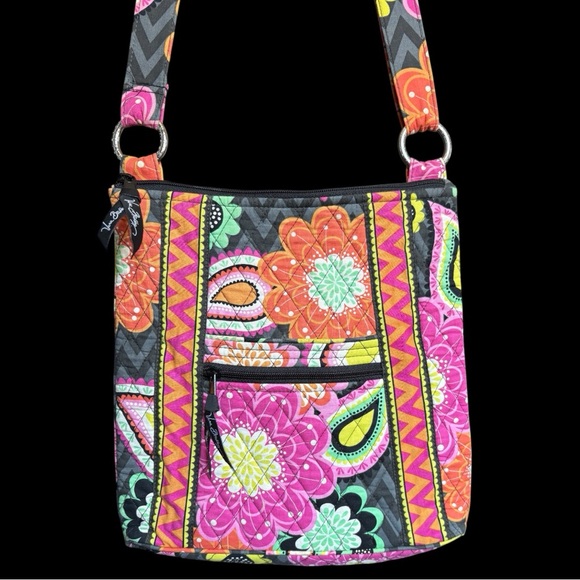 Vera Bradley Ziggy Zinnia Crossbody Purse Pink Orange Floral Chevron Retired - Picture 2 of 12